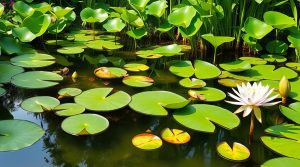 Beautiful backyard pond showcasing live plant pond design with water lilies, natural stone edging, and clear water ecosystem