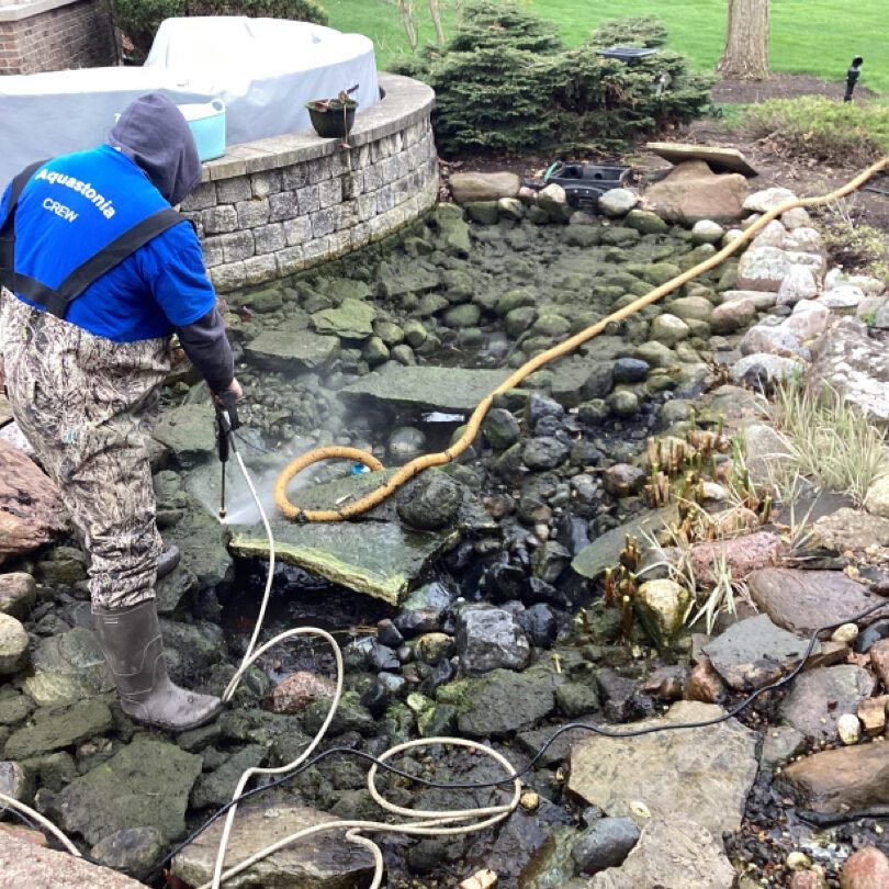 worker cleaning backyard pond